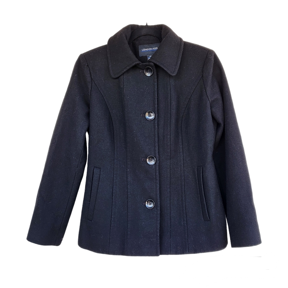 London Fog Women's Lined Black Button Up Pea Coat Sz PS WARM!